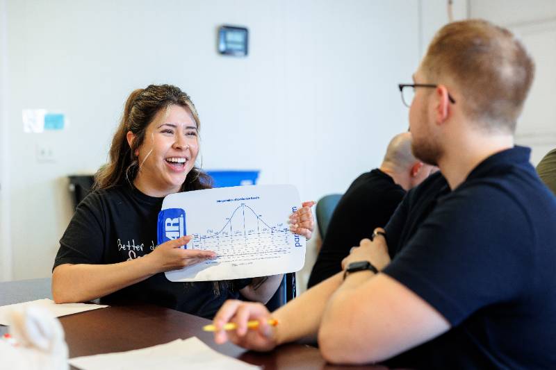 Woman presenting a charted graph to her peers