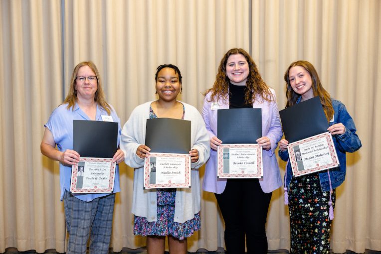 26th Annual WGSS Symposium award winners: Paula G. Taylor (Dorothy E. Lee Scholarship), Nadia Smith (Luellen Laurenti Scholarship), Brooke Lindell (Student Achievement Scholarship), and Megan Mahoney (Anne M. Semlak Memorial Scholarship).